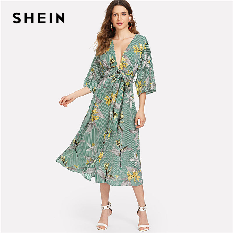 SHEIN Multicolor Vacation Boho Bohemian Beach Floral Print Striped V Neck Flounce Sleeve Summer Self Belted Long Dress For Women