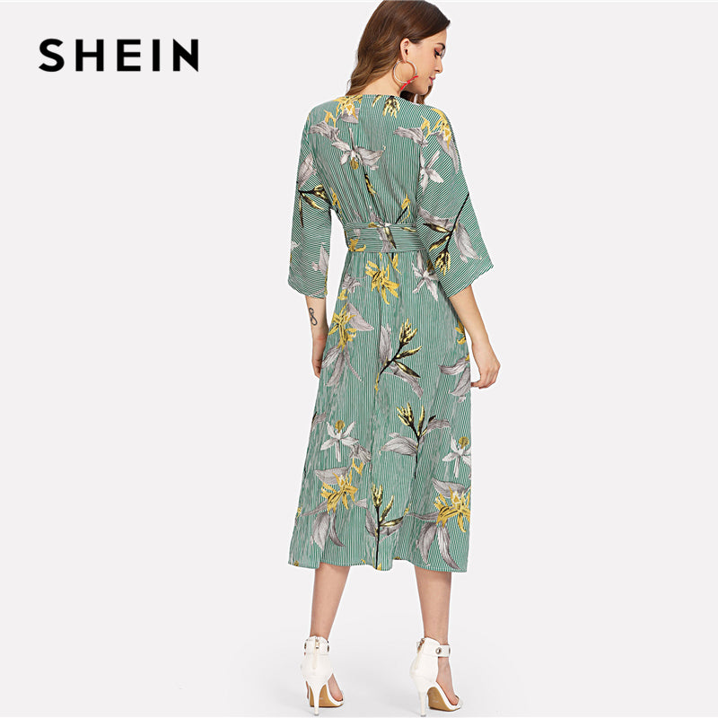 SHEIN Multicolor Vacation Boho Bohemian Beach Floral Print Striped V Neck Flounce Sleeve Summer Self Belted Long Dress For Women