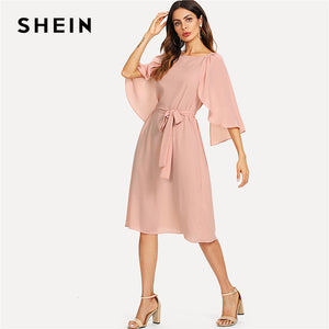SHEIN Pink Elegant Cloak Sleeve Self Belted Knot Front Round Neck Natural Waist Knee Length Dress Summer Women Casual Dresses