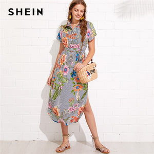 SHEIN Flower And Stripe Print Curved Hem Shirt Dress Summer Stand Collar Roll Up Sleeve Long Dress Women Vacation Dress