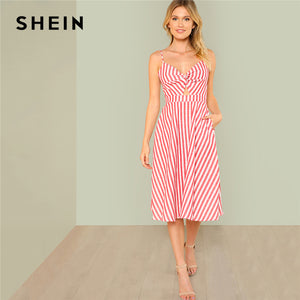 SHEIN Red Vacation Boho Bohemian Beach Backless Twist Front Cutout Knot Back Striped V Neck Cami Dress Summer Women Sexy Dresses