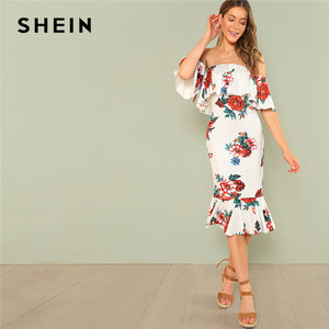 SHEIN Multicolor Party Flounce Layered Neck Floral Print Off the Shoulder Ruffle Short Sleeve Dress Summer Women Going Out Dress