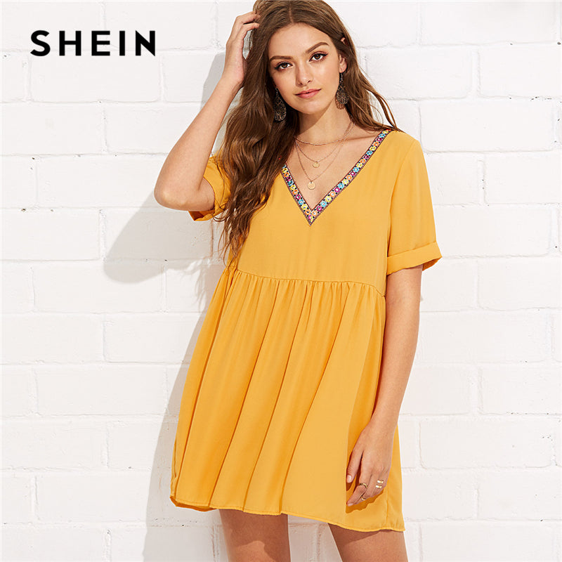 SHEIN Ginger Elegant Embroidery Tape Neck Cuffed Smock Roll Up Short Sleeve V Neck Dress Summer Women Weekend Casual Dresses
