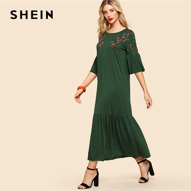 SHEIN Green Elegant Flower Blossom Print Flounce Fluted Sleeve Tiered Hem Round Neck Dress Summer Women Weekend Casual Dresses