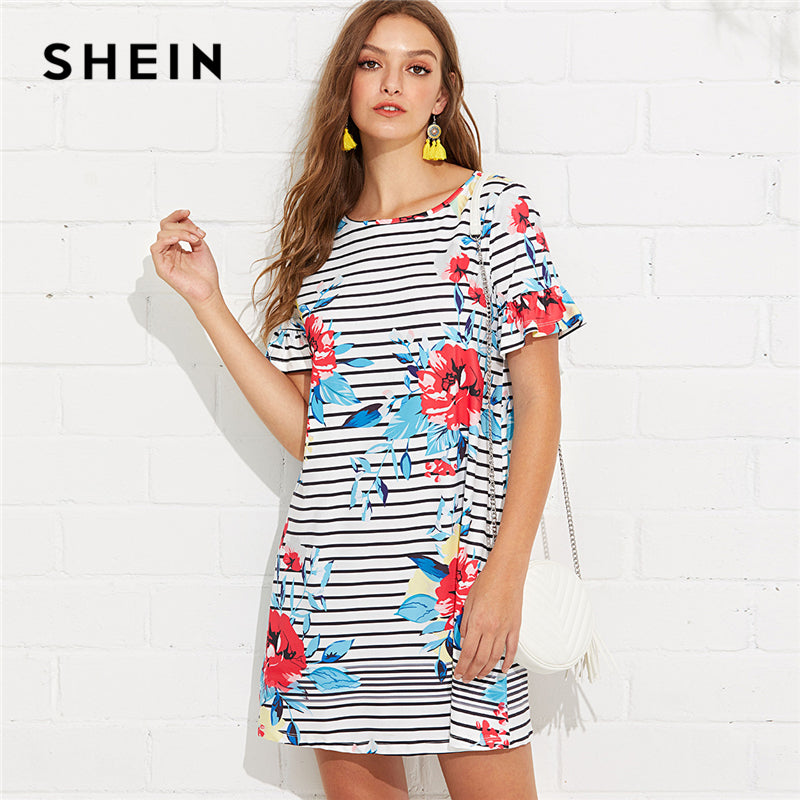 SHEIN Multicolor Weekend Casual Floral and Striped Print Flounce Sleeve Ruffle Tunic Straight Dress Summer Women Going Out Dress