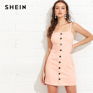 SHEIN Pink Weekend Casual Backless Button Up Strap Form Sleeveless High Waist Solid Dress Summer Women Going Out Dress
