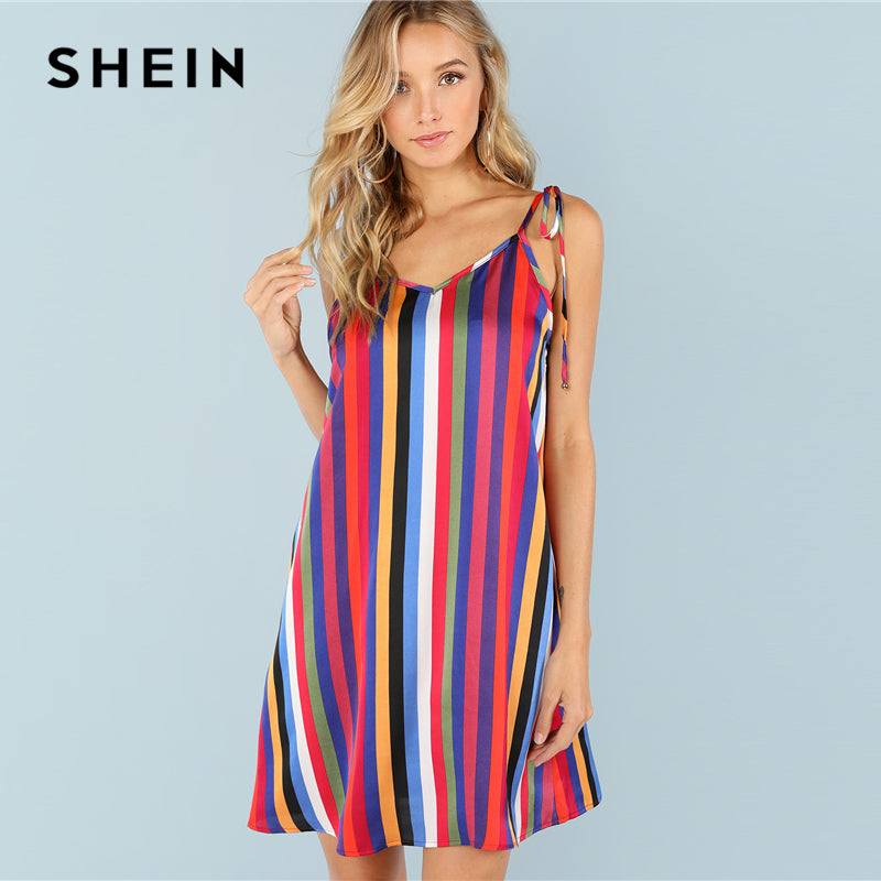 SHEIN Multicolor Self Tie Shoulder Striped Knot Dress 2018 Summer V Neck Sleeveless Short Dress Women Vacation Slip Beach Dress