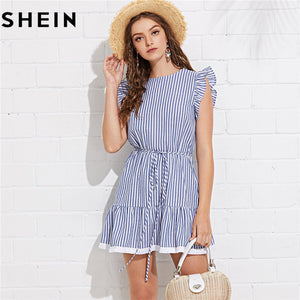 SHEIN Blue Sleeveless Striped Ruffle Solid Cotton A Line Mini Dress Women 2018 Summer Tie Waist Tassel Hem Beach Short Dresses