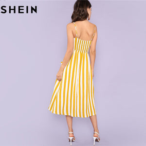 SHEIN Striped Spaghetti Strap High Waist Mid-Calf Dresses Women 2018 Summer Vacation Beach Button Up Pockets Front Cami Dress