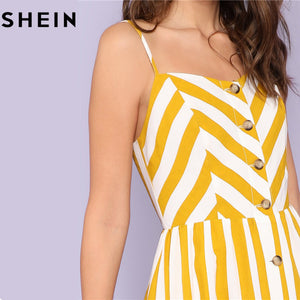 SHEIN Striped Spaghetti Strap High Waist Mid-Calf Dresses Women 2018 Summer Vacation Beach Button Up Pockets Front Cami Dress