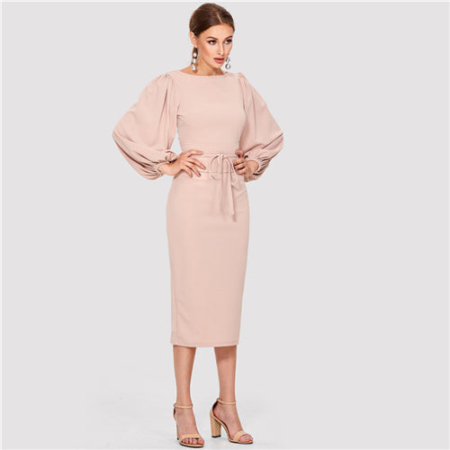 SHEIN Pink Elegant Tie Waist Boat Neck Bishop Long Sleeve Solid Dress 2018 New Women Mid-Calf Belted Party Dresses